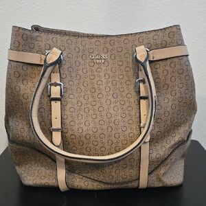 Guess Brown Tan Monogram Tote with Gold Hardware